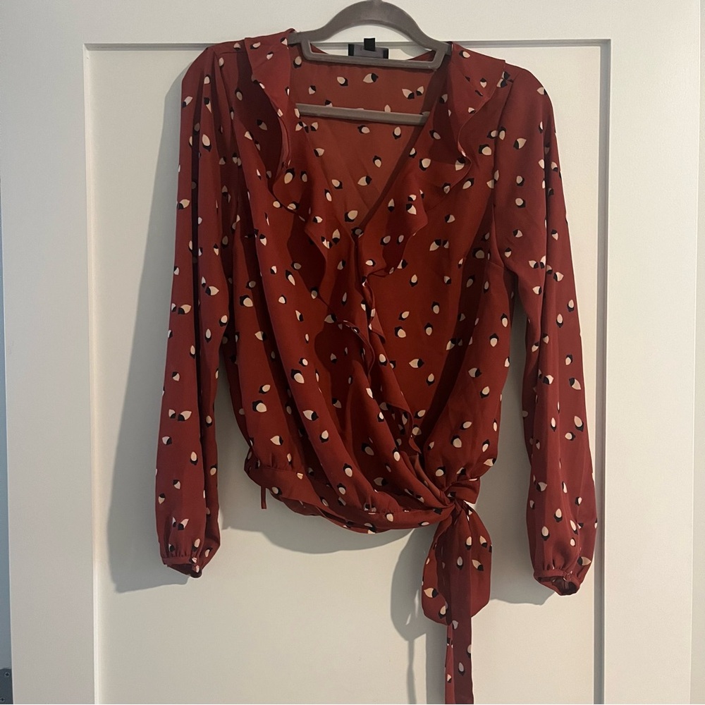 Lumiere Maroon Acorn Wrap Blouse with Ruffle - Size Medium